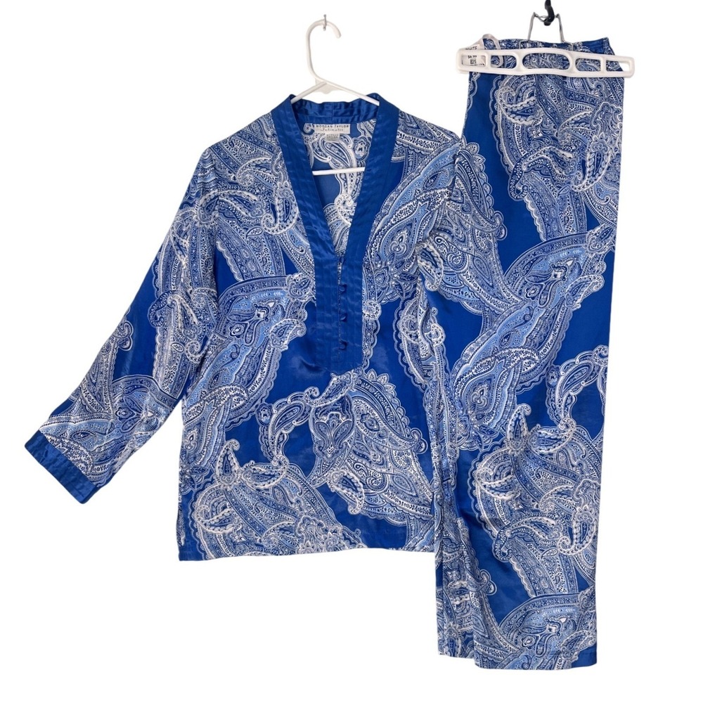 Morgan Taylor Intimates Pajama Set Womens Medium Blue White Paisley Satin 2 Piec